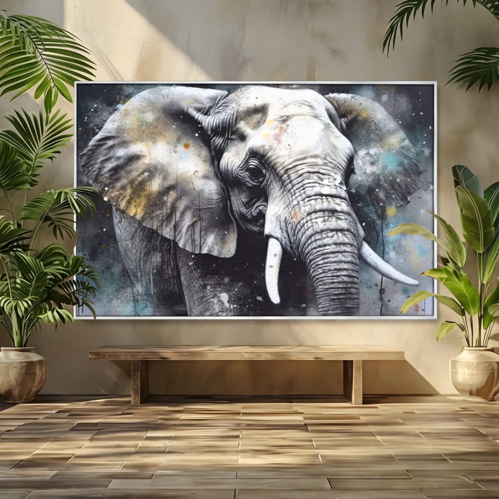 Tablou canvas cu tablou canvas cu cap de elefant, in rama de aluminiu argintiu